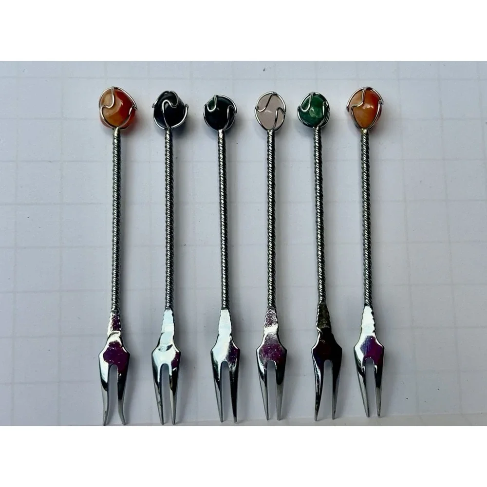Vintage Cocktail Fork Set 6 Colored Stone Tops
